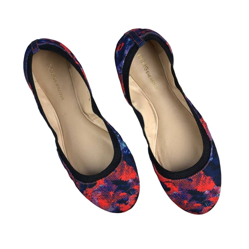 BCBGeneration Red Blue Black Abstract Moneli Ballet Flat Slip On Round Toe Shoes
